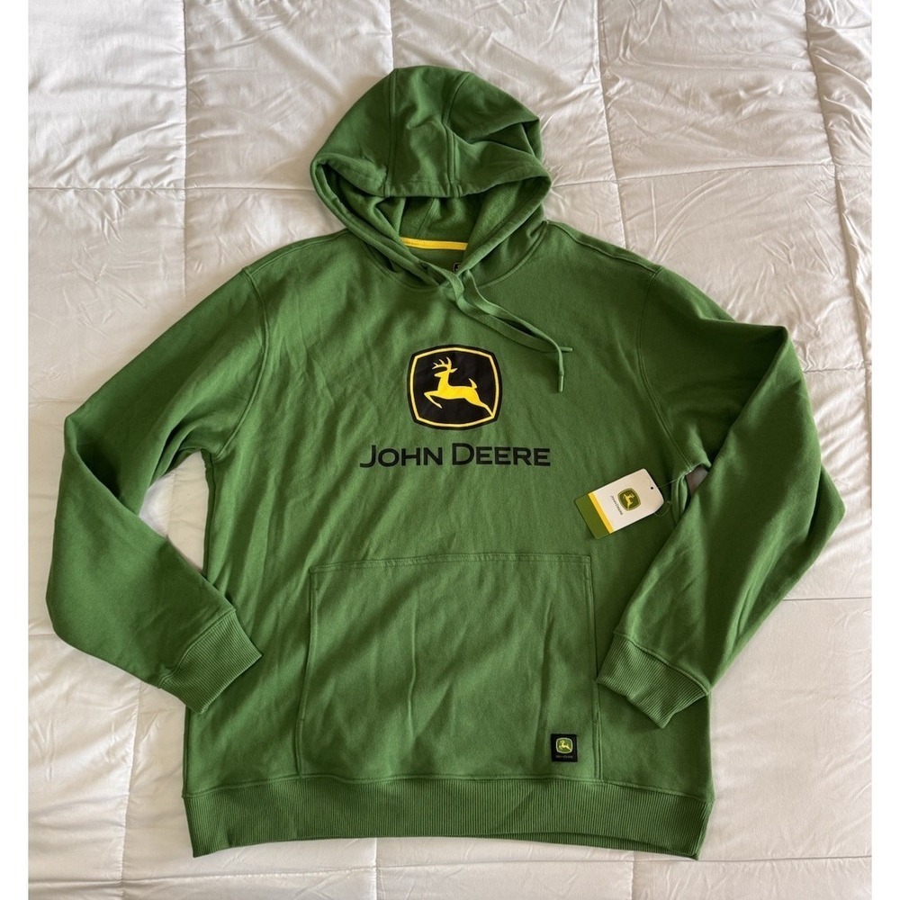 New JOHN DEERE Hoodie Size Large Big Logo Green Yellow Workwear Sweatshirt